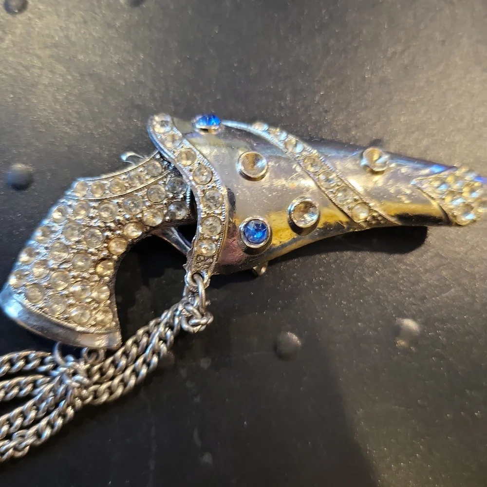 Vintage Rhinestone Gun in Holster with Chain Brooch Pin 3 1/4